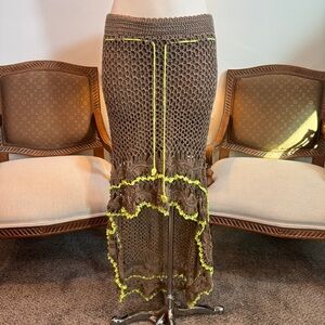 Umgee Tan Crochet Boho Fairy Skirt with Asymmetrical Hi Low Hem